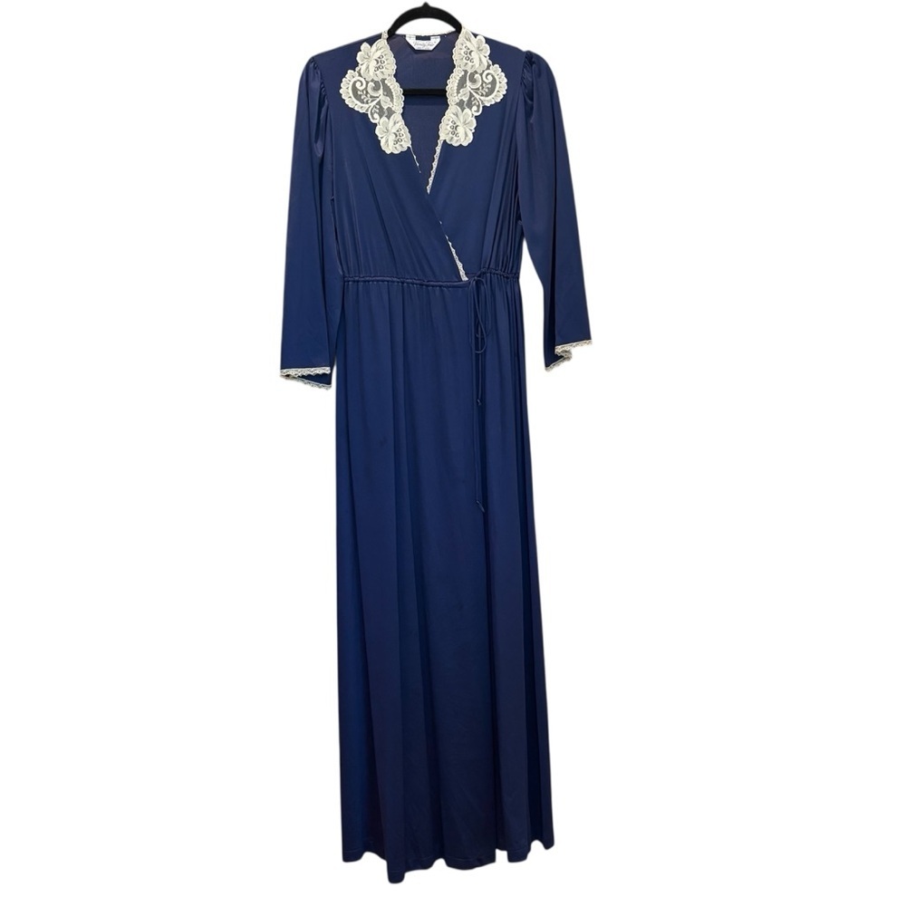 Vanity Fair Navy Blue Long Robe with Cream Lace Trim